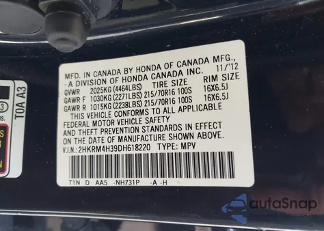 2013 Honda Cr-V Lx z USA, uszkodzony, nr VIN 2HKRM4H39DH618220